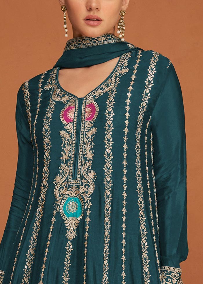 3 Pc Teal Semi Stitched Georgette Suit Set Outlet Shop Offer