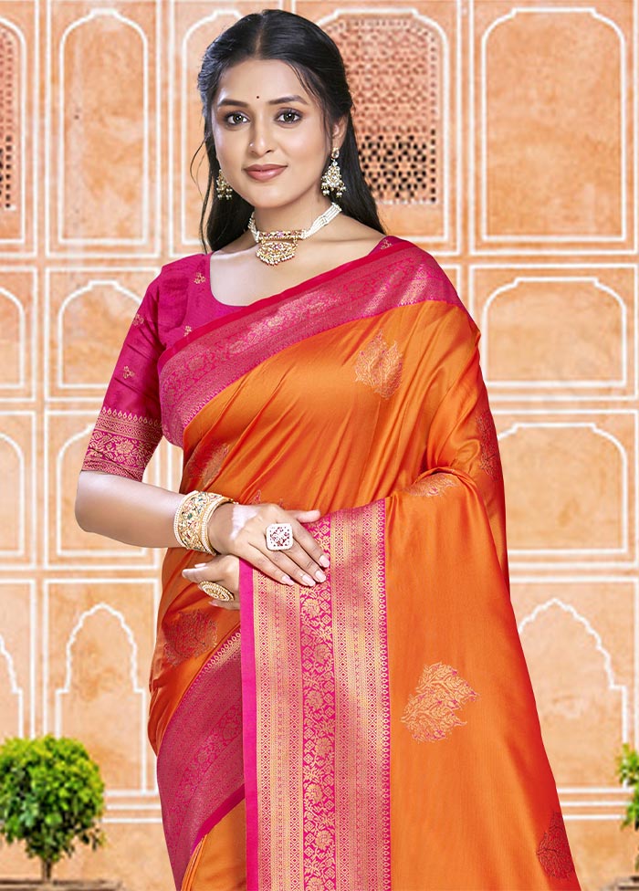 Orange Dupion Silk Saree With Blouse Piece Clearance Pirce Sale