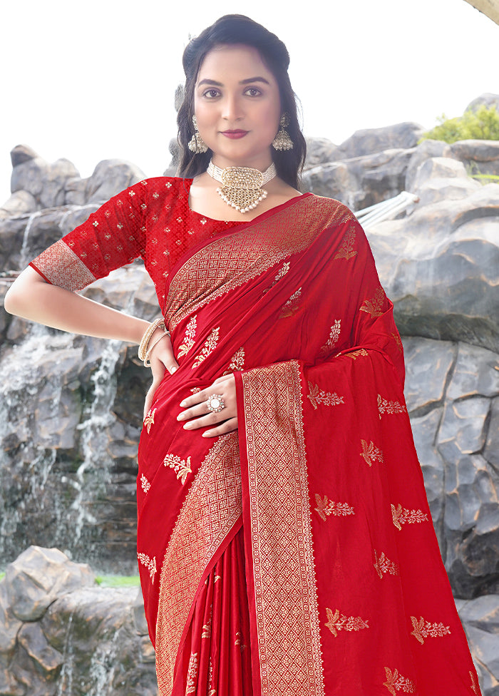 Red Satin Silk Saree With Blouse Piece Clearance Wholesale Pice