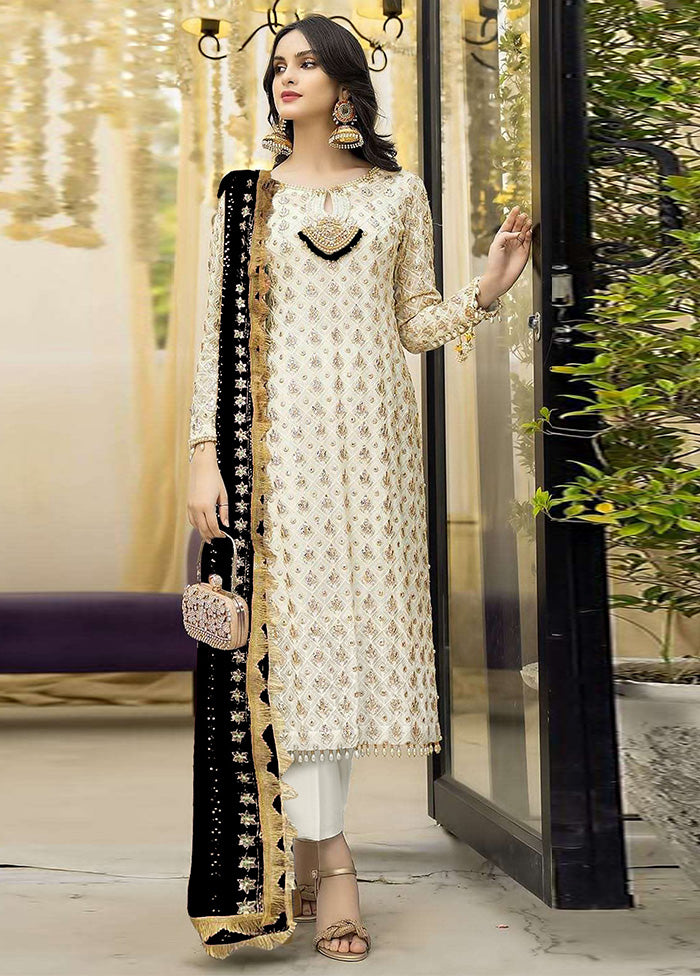 3 Pc Cream Semi Stitched Georgette Suit Set Cheap Sale Sast