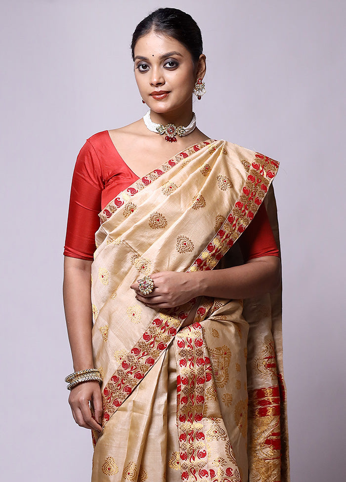 Cream Handloom Assam Pure Silk Saree With Blouse Piece Sale Footlocker Pictures