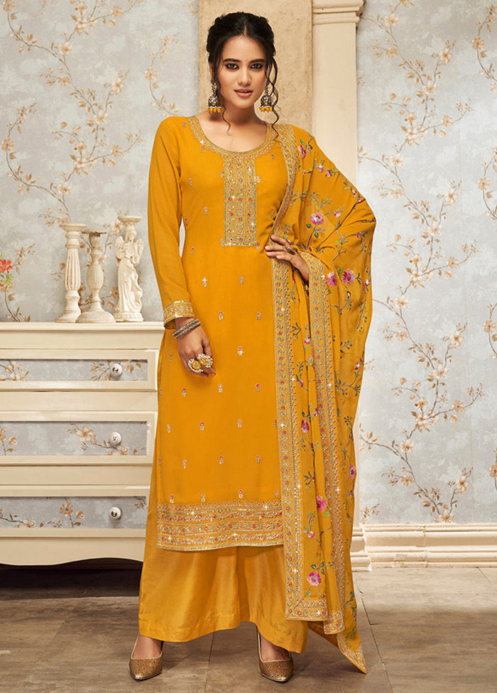 3 Pc Mustard Semi Stitched Georgette Suit Set Outlet Finishline