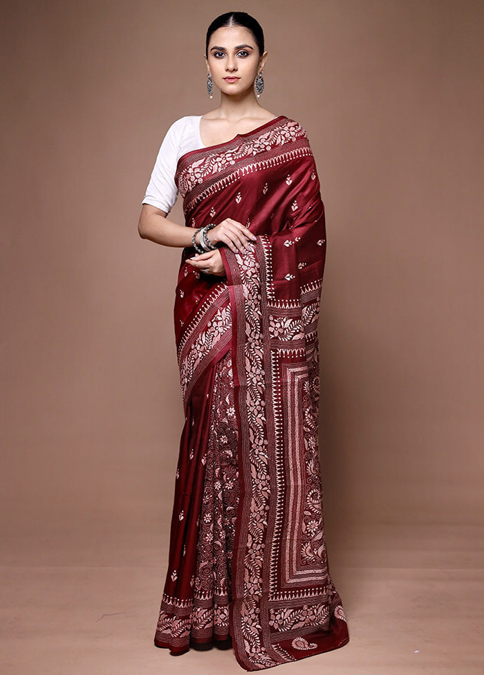 Maroon Handloom Kantha Stitch Pure Silk Saree With Blouse Piece Discount Tumblr