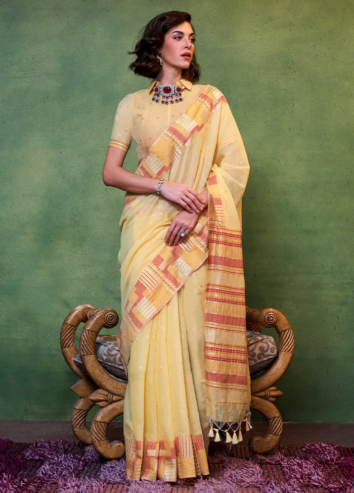 Light Yellow Cotton Saree With Blouse Piece Clearance How Much