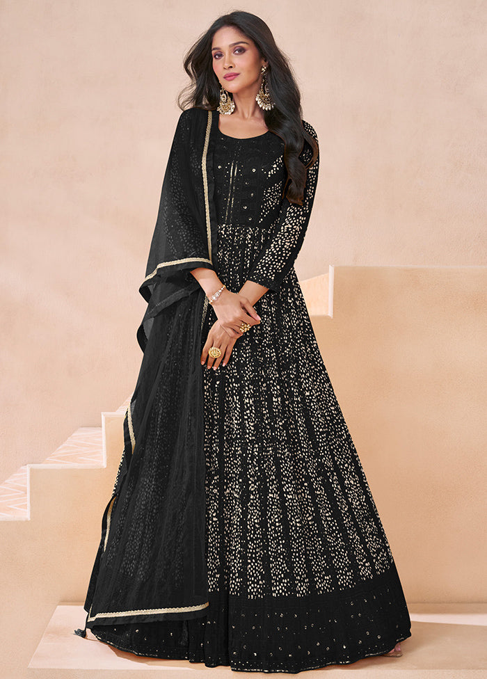 3 Pc Black Semi Stitched Georgette Suit Set Outlet Low Pice