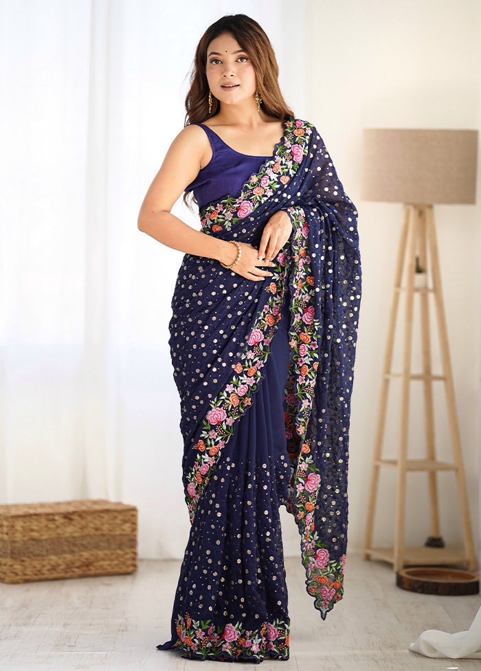 Blue Georgette Saree With Blouse Piece With Mastercard Cheap Pice