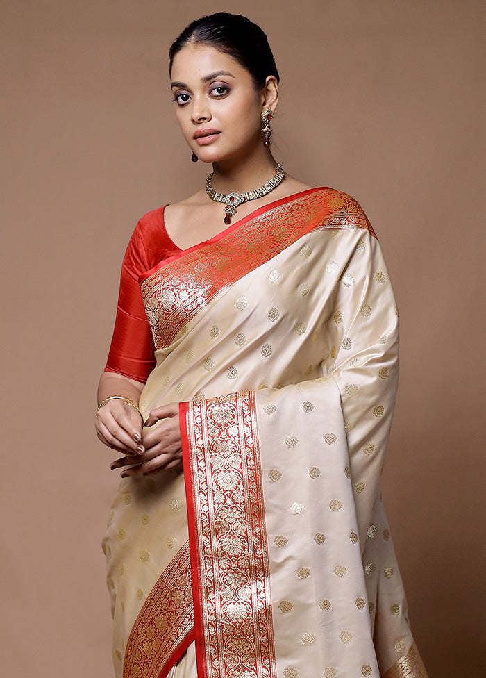 Cream Banarasi Silk Saree With Blouse Piece Geniue Stockist Online