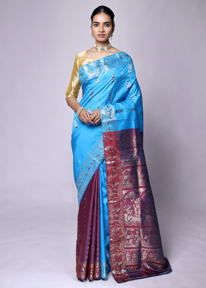 Blue Handloom Baluchari Pure Silk Saree With Blouse Piece Outlet Huge Surprise