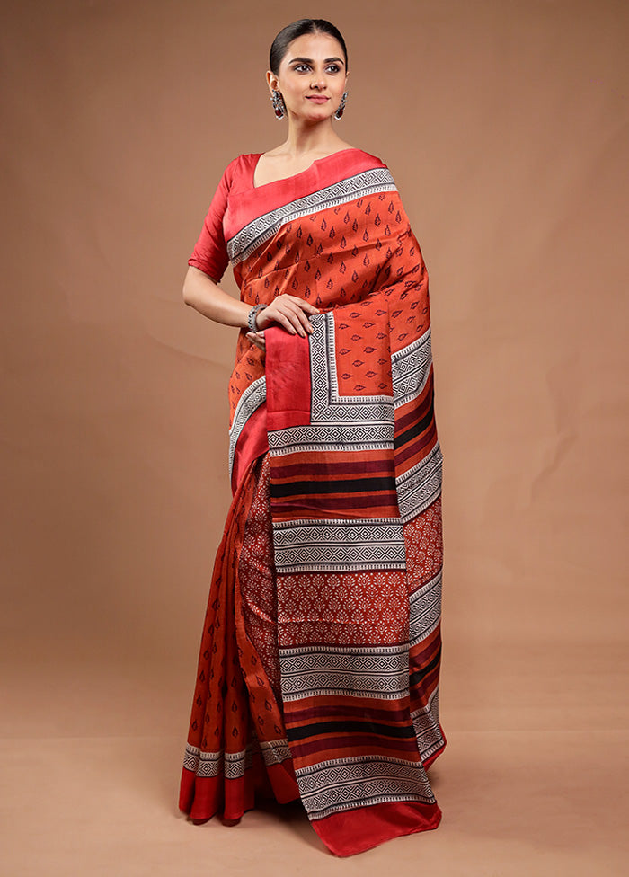 Rust Printed Pure Silk Saree Without Blouse Piece Brand New Unisex