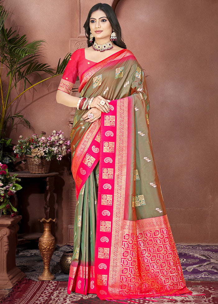 Olive Green Dupion Silk Saree With Blouse Piece Clearance Big Sale