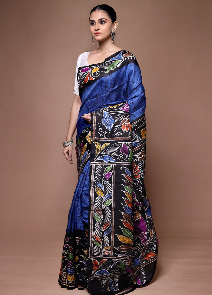 Blue Printed Pure Silk Saree Without Blouse Piece Sale Amazing Pice