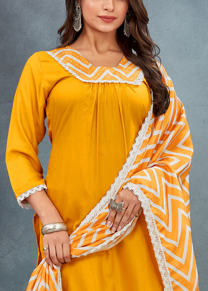 3 Pc Yellow Readymade Rayon Dupatta Suit Set Affordable Online