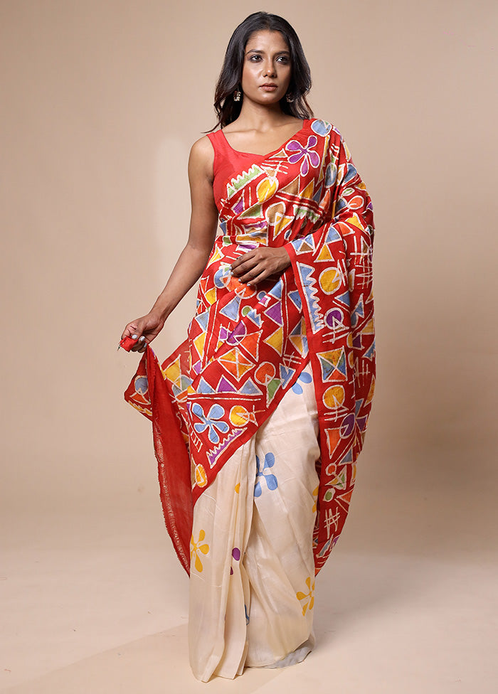 Cream Printed Pure Silk Saree Without Blouse Piece Quality Free Shipping Outlet