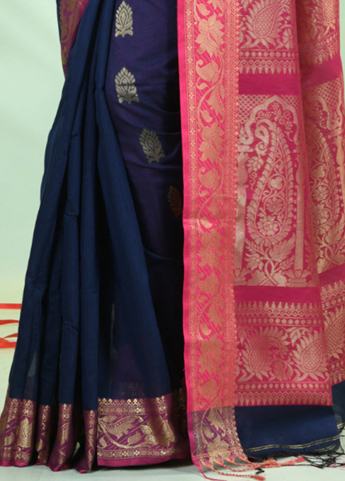 Navy Blue Pure Cotton Saree With Blouse Piece Choice For Sale