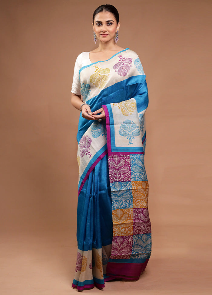 Blue Printed Pure Silk Saree Without Blouse Piece Sale High Quality