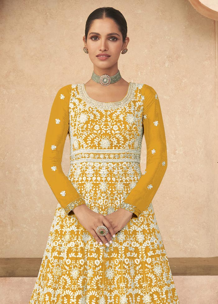 3 Pc Yellow Semi Stitched Georgette Suit Set In China Cheap Pice