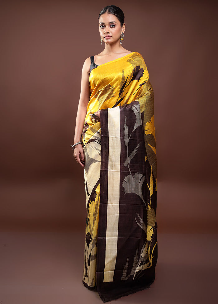 Yellow Printed Pure Silk Saree Without Blouse Piece Cheap Real Authentic