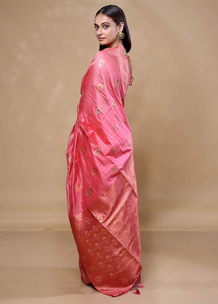 Peach Dupion Silk Saree With Blouse Piece Discount Purchase