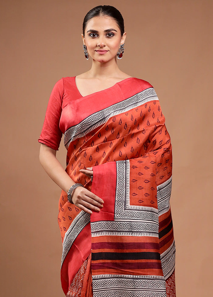 Rust Printed Pure Silk Saree Without Blouse Piece Brand New Unisex