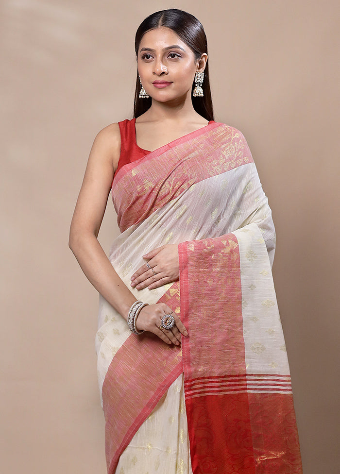 White Khadi Cotton Saree With Blouse Piece Discount Huge Surprise