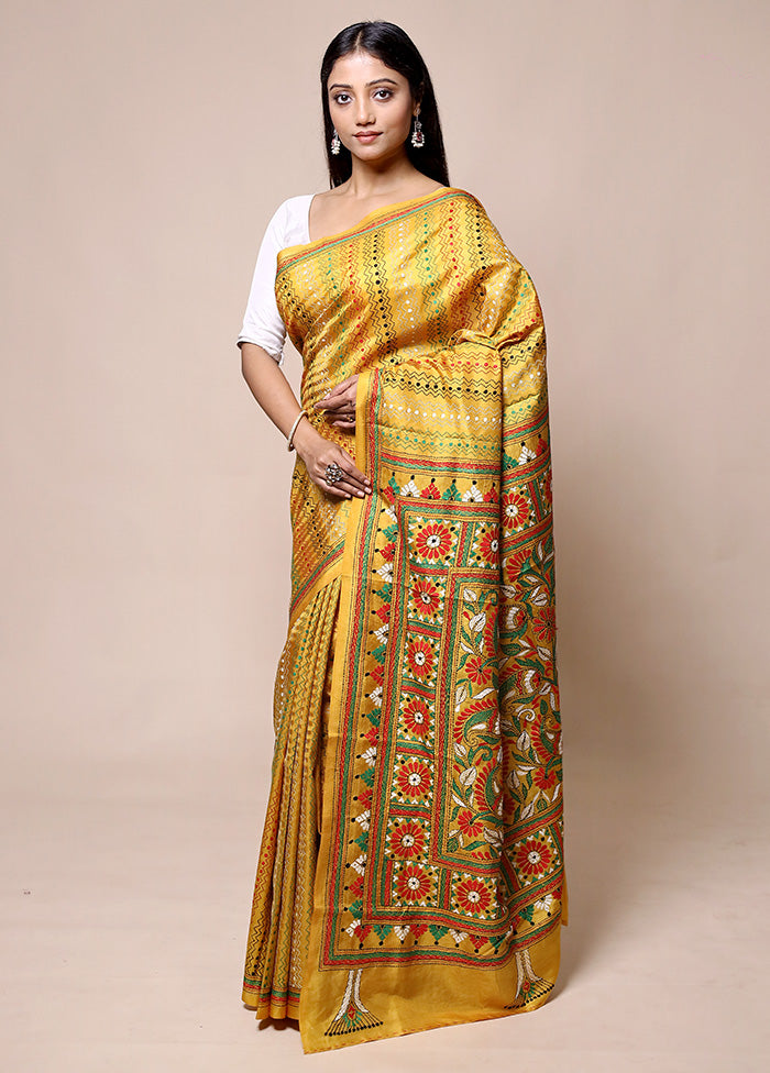 Yellow Handloom Kantha Stitch Pure Silk Saree With Blouse Piece Popular Cheap Online