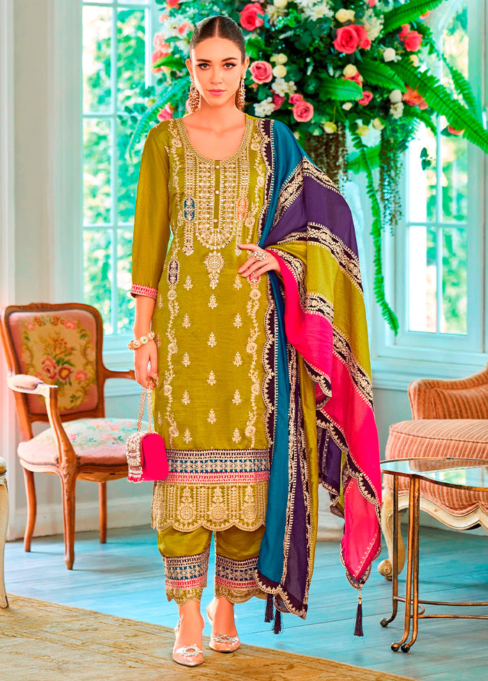 3 Pc Green Semi Stitched Silk Suit Set Discount Supply