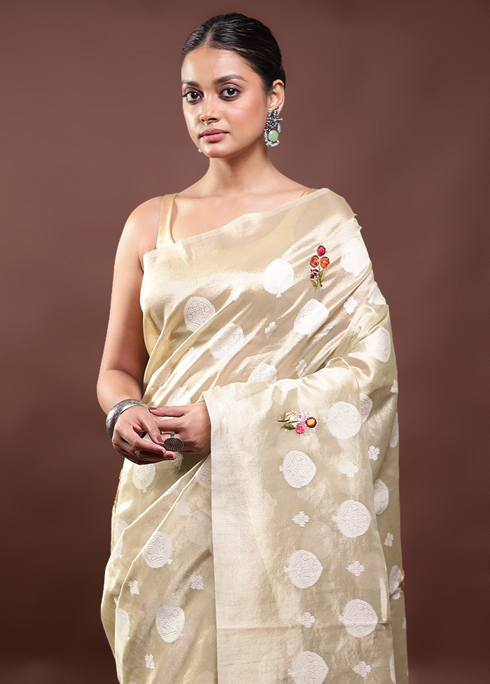 Cream Tissue Silk Saree With Blouse Piece Clearance Store For Sale