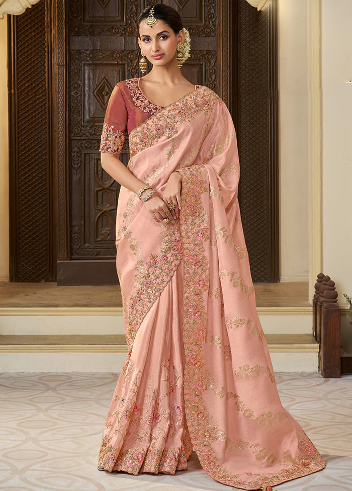 Peach Spun Pure Silk Saree With Blouse Piece Free Shipping Order