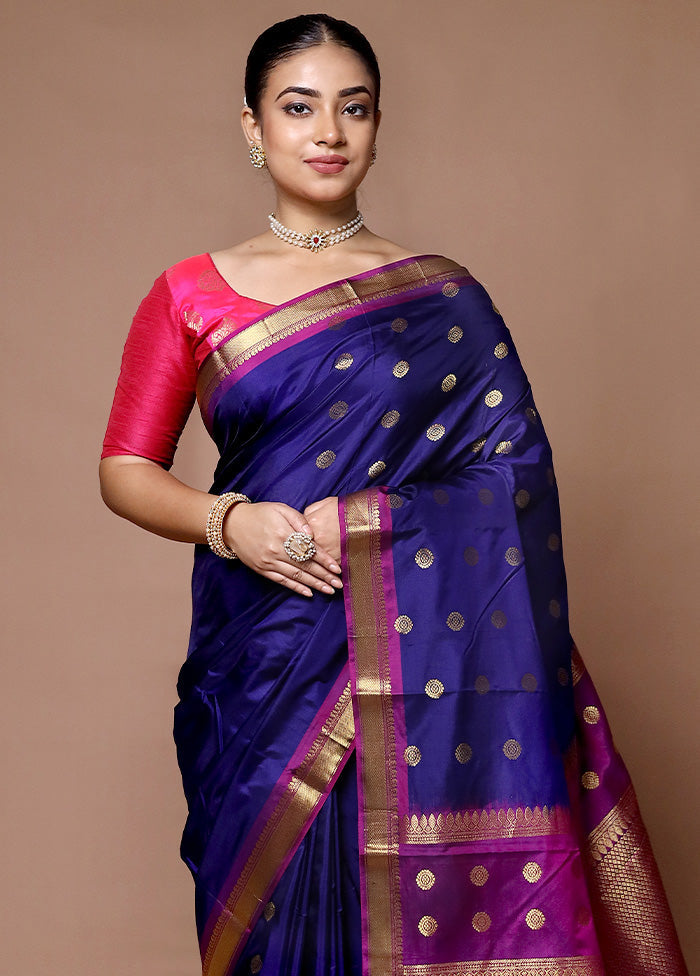 Blue Handloom Kanjivaram Pure Silk Saree With Blouse Piece Sale View