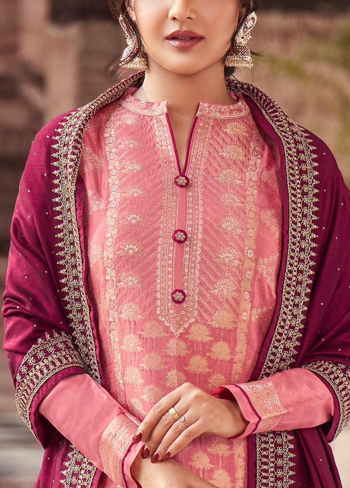 3 Pc Pink Semi Stitched Silk Suit Set Fast Delivery Online