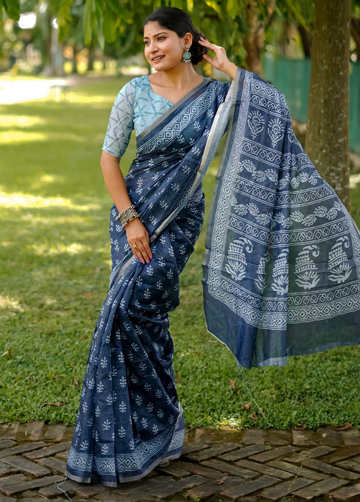 Blue Cotton Saree With Blouse Piece Discount Low Cost