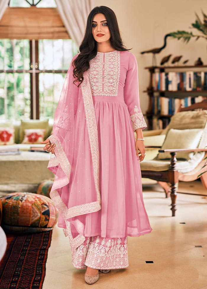 3 Pc Light Pink Semi Stitched Georgette Suit Set Cheap 100% Authentic