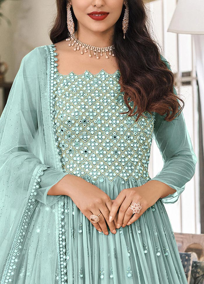 3 Pc Sky Blue Semi Stitched Georgette Suit Set Clearance Pictures