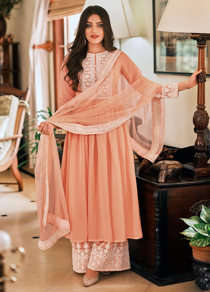 3 Pc Peach Semi Stitched Georgette Suit Set Fake Cheap Online