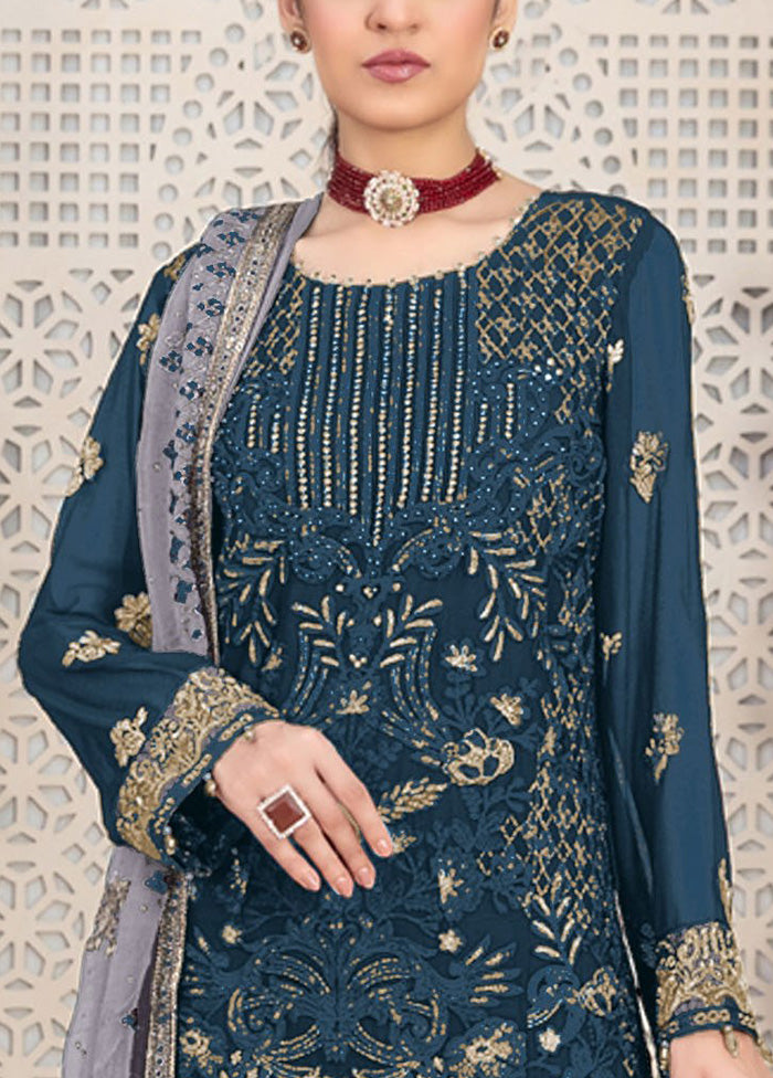 3 Pc Teal Semi Stitched Georgette Suit Set Finishline Online