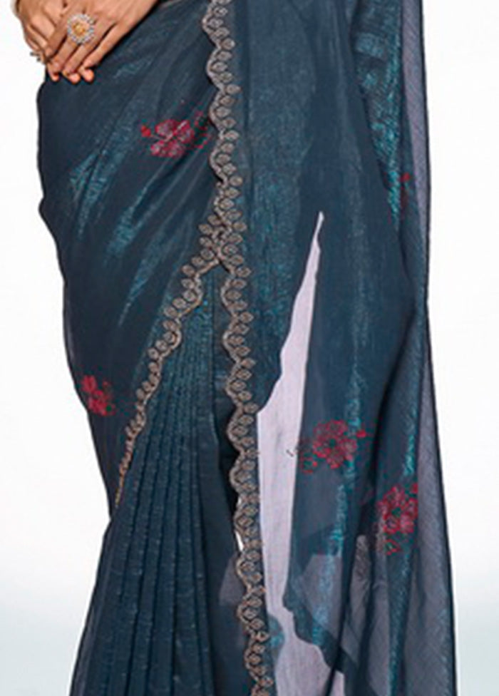 Teal Blue Organza Saree With Blouse Piece Sale Cost