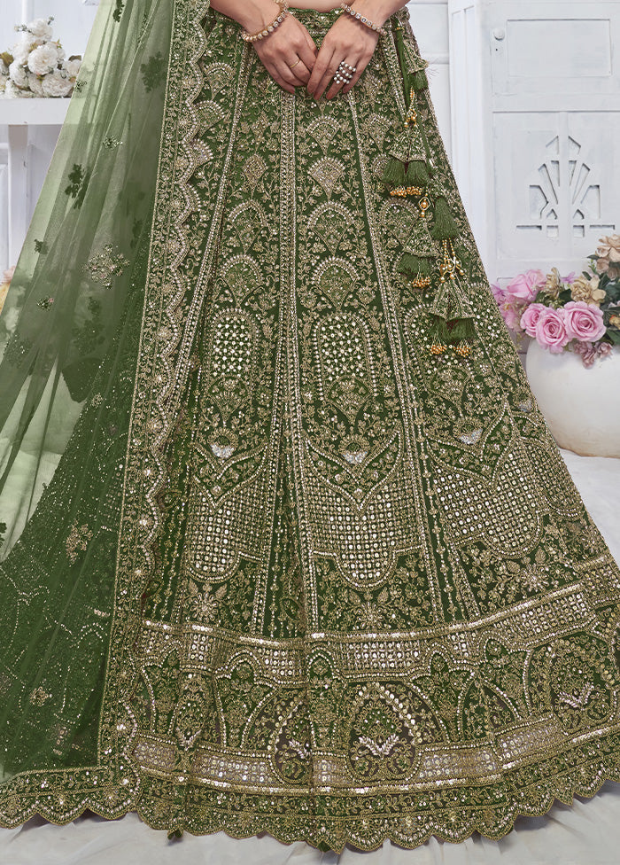 3 Pc Green Net Semi Stitched Lehenga Set Clearance Cheap Online