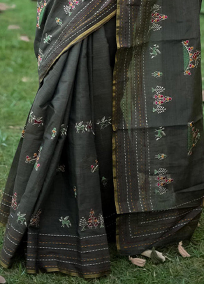 Green Tussar Silk Saree With Blouse Piece Cheap Sale Explore