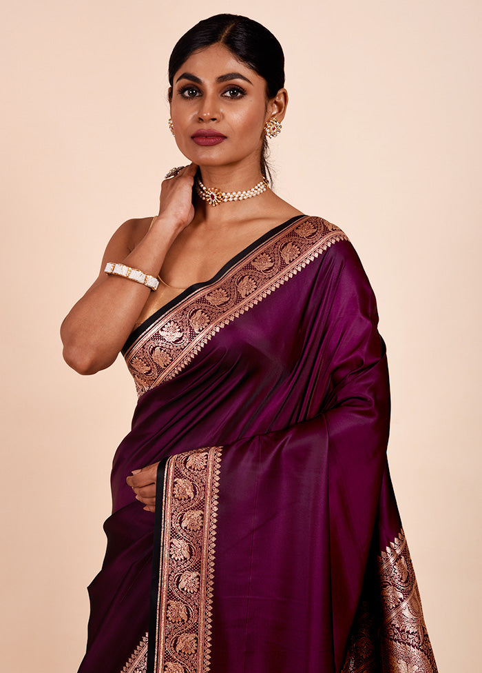 Wine Banarasi Silk Saree With Blouse Piece Clearance Cheap Online