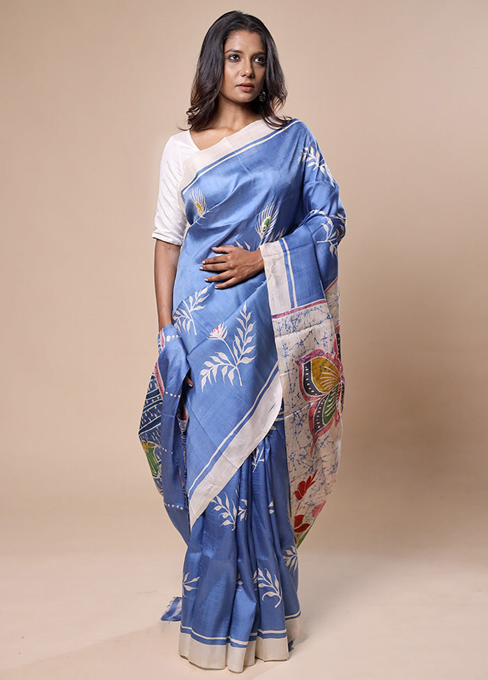 Blue Printed Pure Silk Saree Without Blouse Piece View