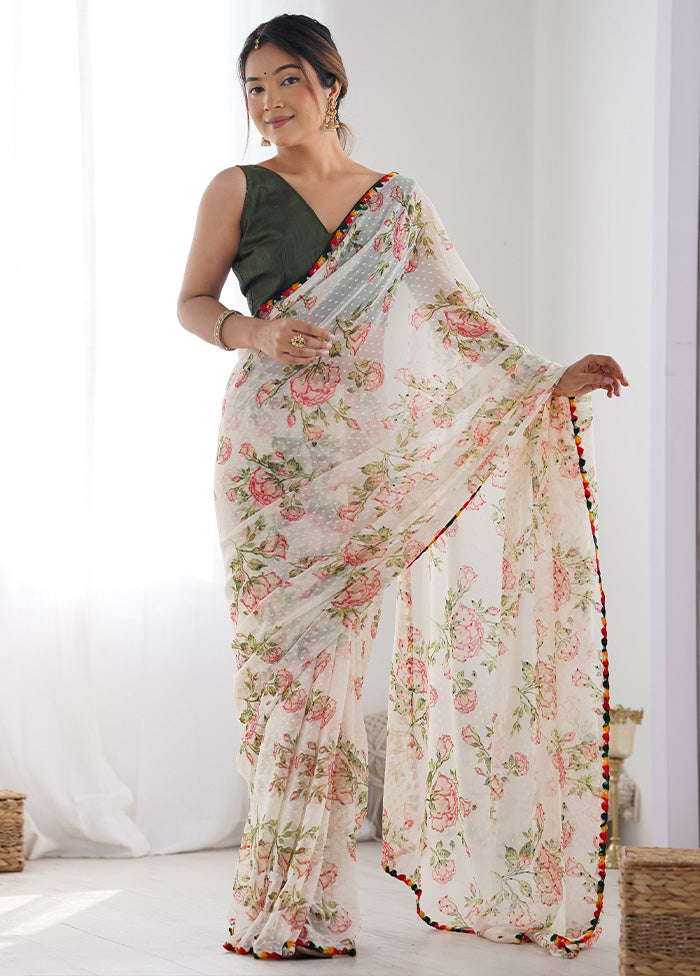 Off White Georgette Saree With Blouse Piece Pictures Online