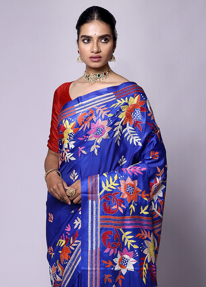 Blue Kantha Stitch Silk Saree With Blouse Piece Tumblr Online