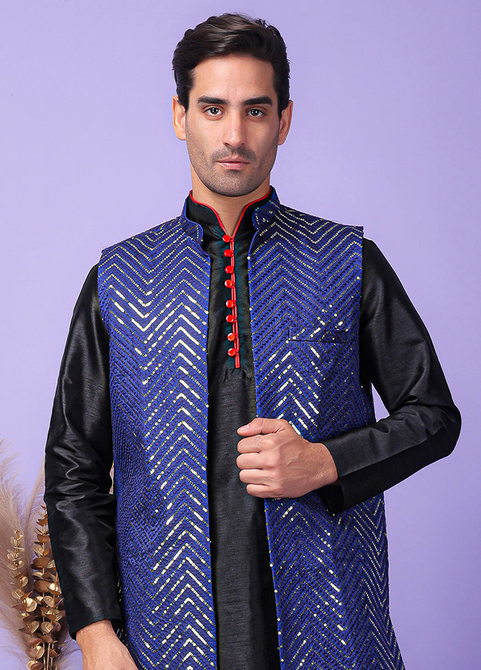 3 Pc Navy Blue Silk Nehru Set Sale Cheapest