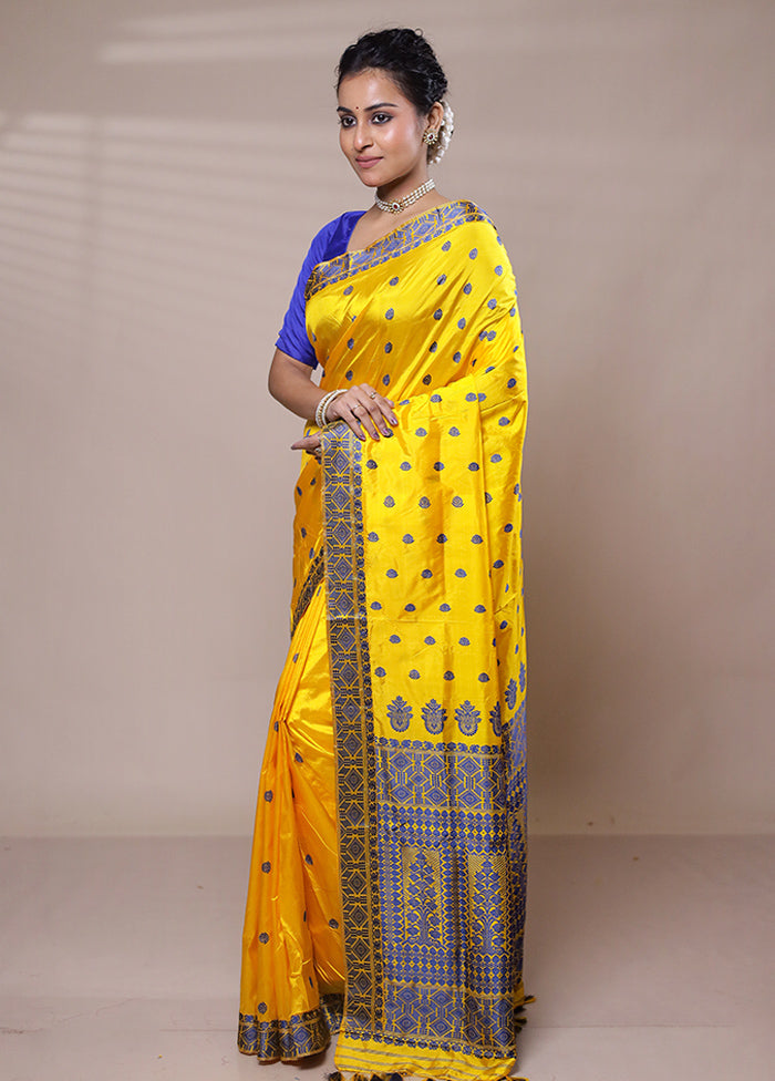 Yellow Handloom Assam Pure Silk Saree With Blouse Piece Discount Supply