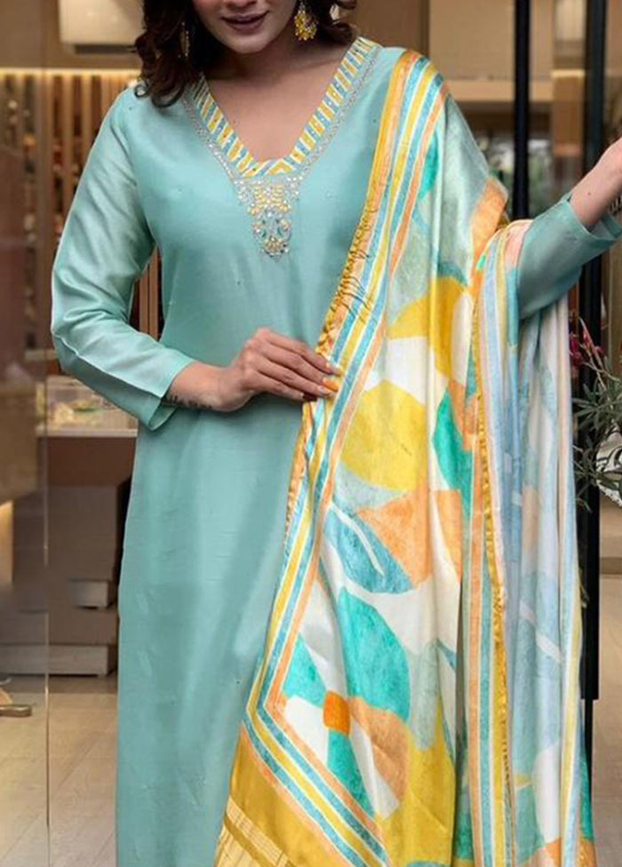 3 Pc Sea Green Readymade Silk Suit Set Shipping Discount Sale