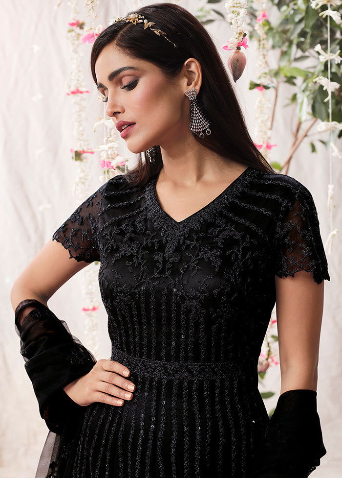 3 Pc Black Semi Stitched Satin Resham Thread Work Gown Buy Cheap 100% Original