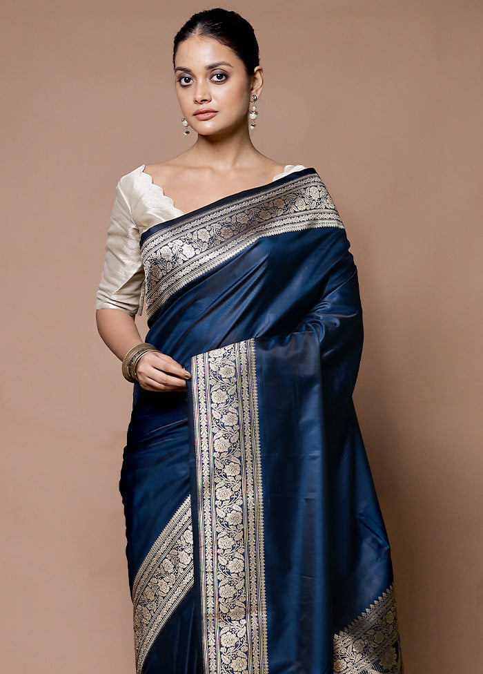 Blue Katan Silk Saree With Blouse Piece Free Shipping High Quality