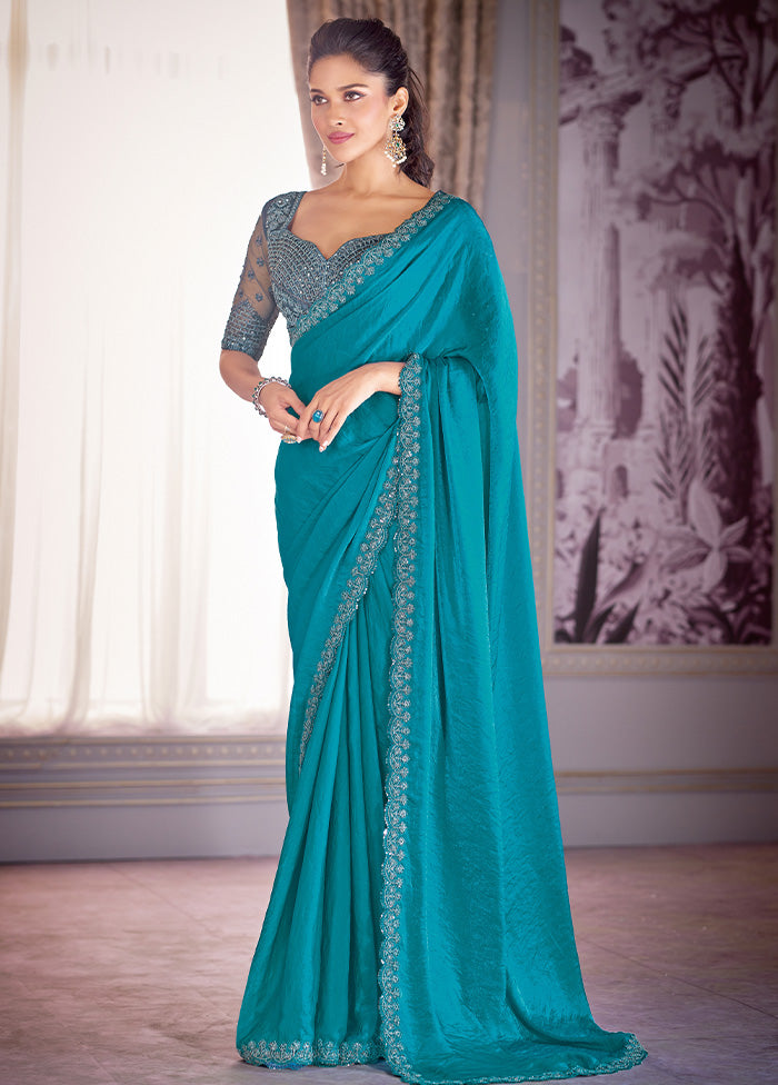 Sea Blue Satin Silk Saree With Blouse Piece Clearance Discounts