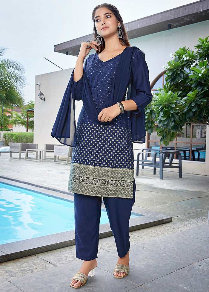 3 Pc Navy Blue Readymade Silk Suit Set For Sale Online