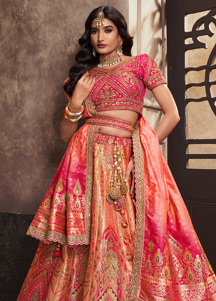 3 Pc Peach Silk Semi Stitched Lehenga Set Pick A Best Sale Online